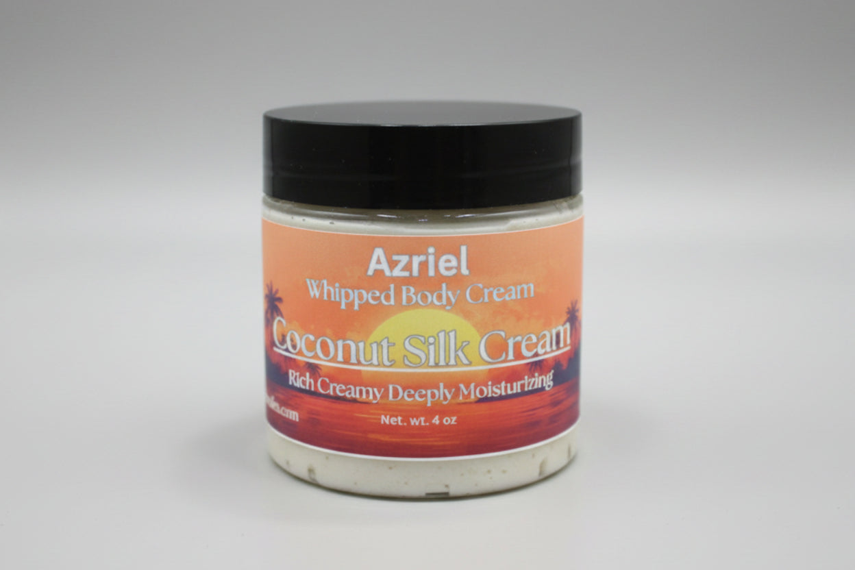 Jar of Azriel Coconut Silk Cream on a beige background