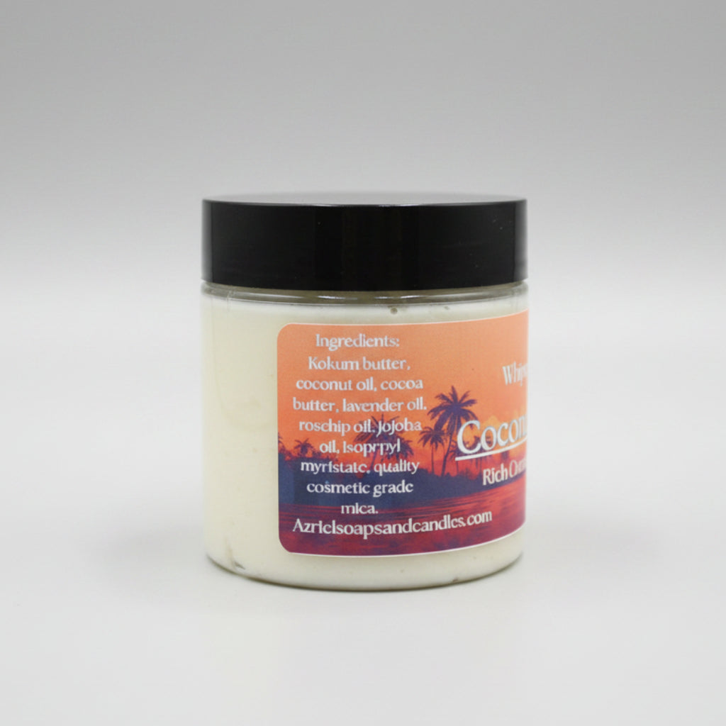 Jar of coconut-based product with a label on a beige surface
