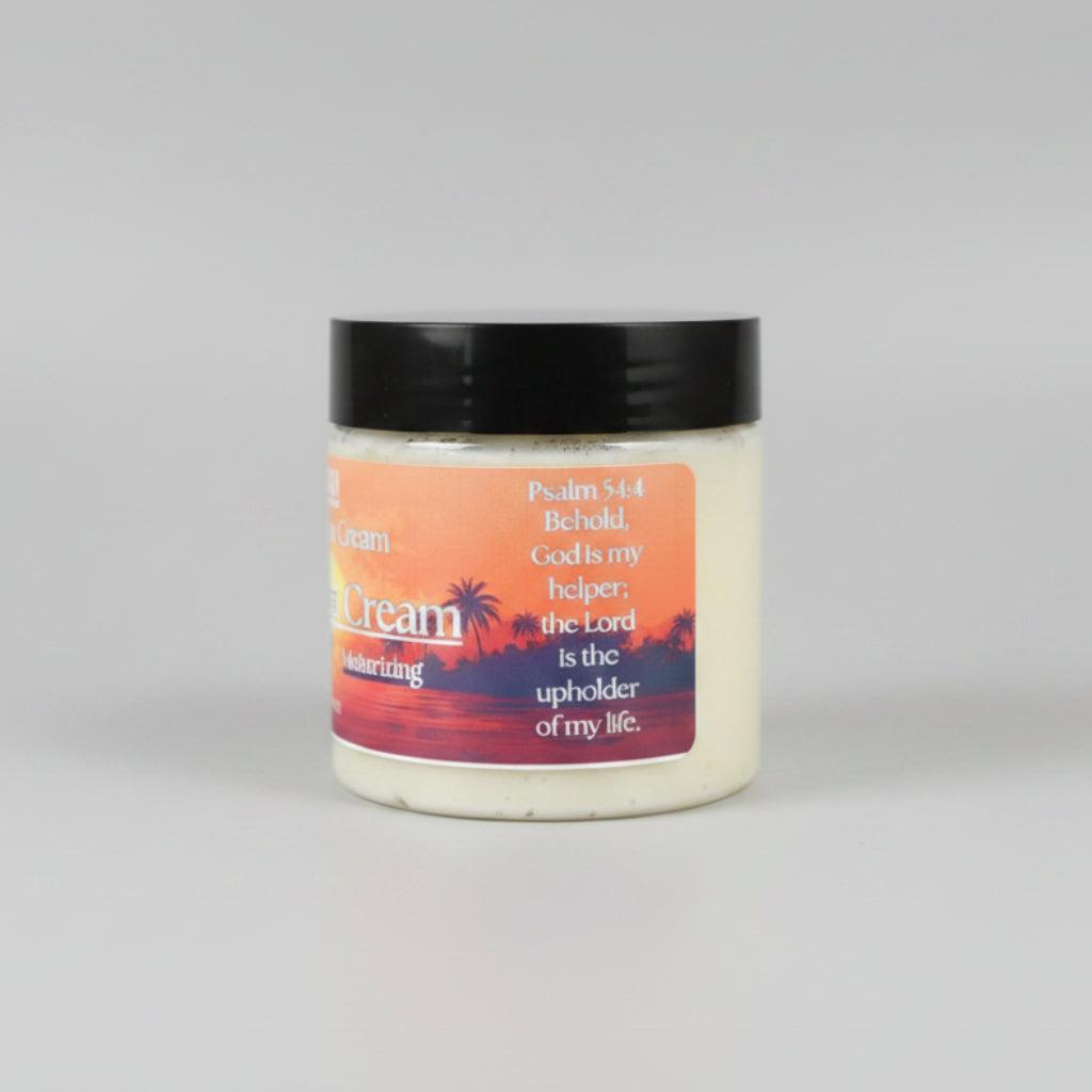 Jar of cream with a religious-themed label on a beige background