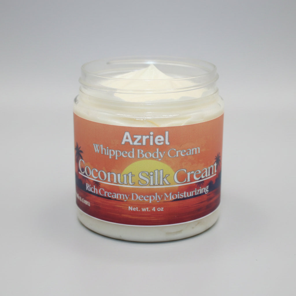 Jar of Azriel Whipped Body Cream on a brown background
