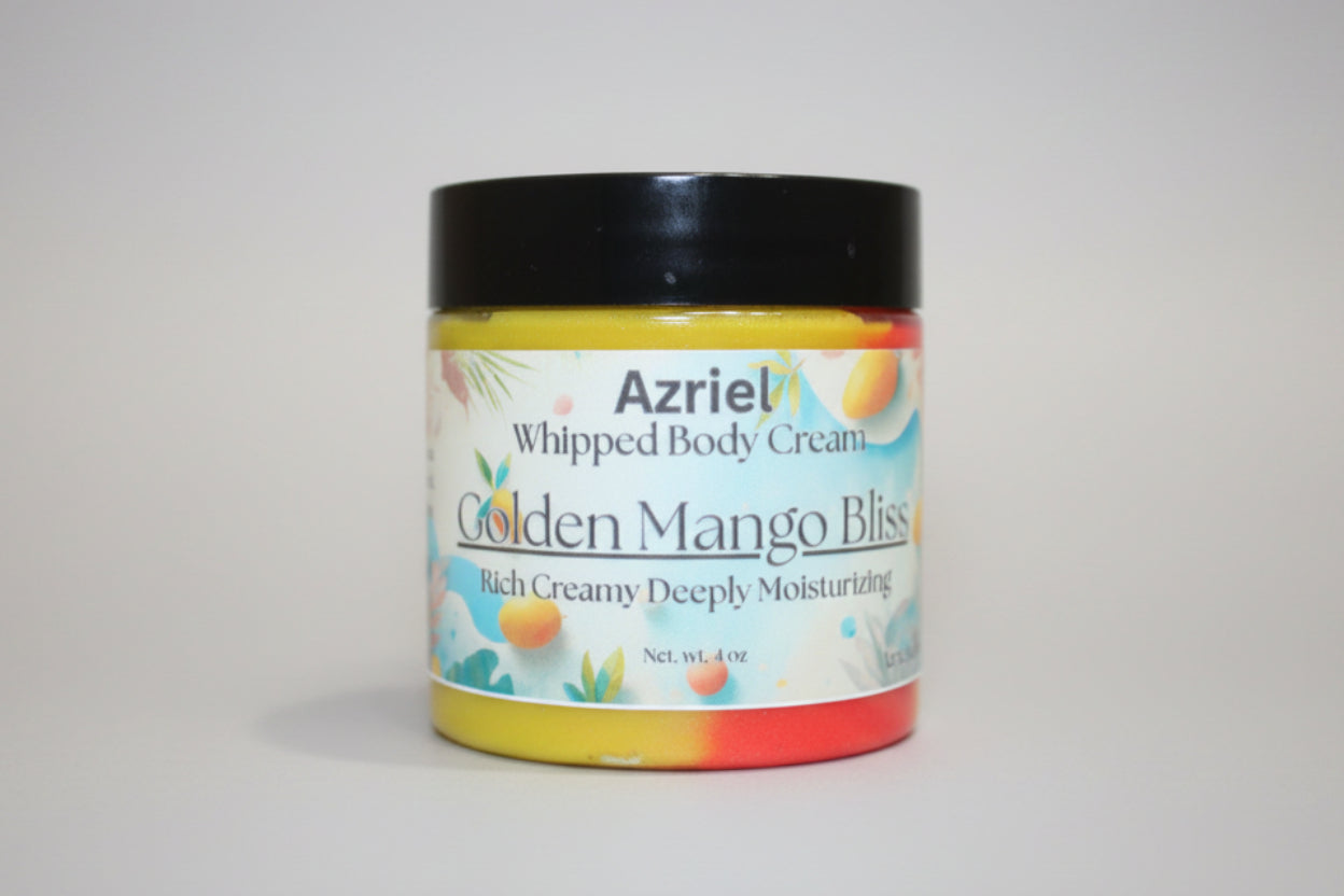 Jar of Azriel Golden Mango Bliss whipped body cream on a beige background
