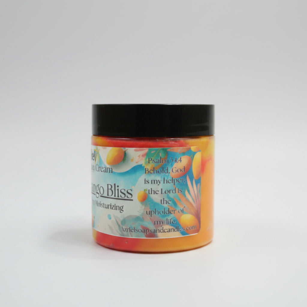 Jar ofargo Bliss body cream with colorful label on a brown background