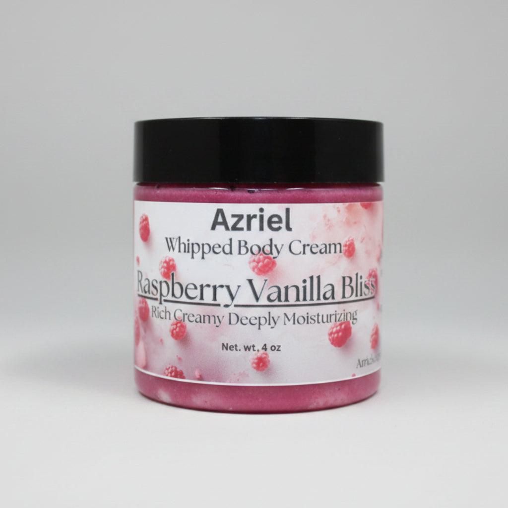 Jar of Azriel Whipped Body Cream with raspberry design on a beige background
