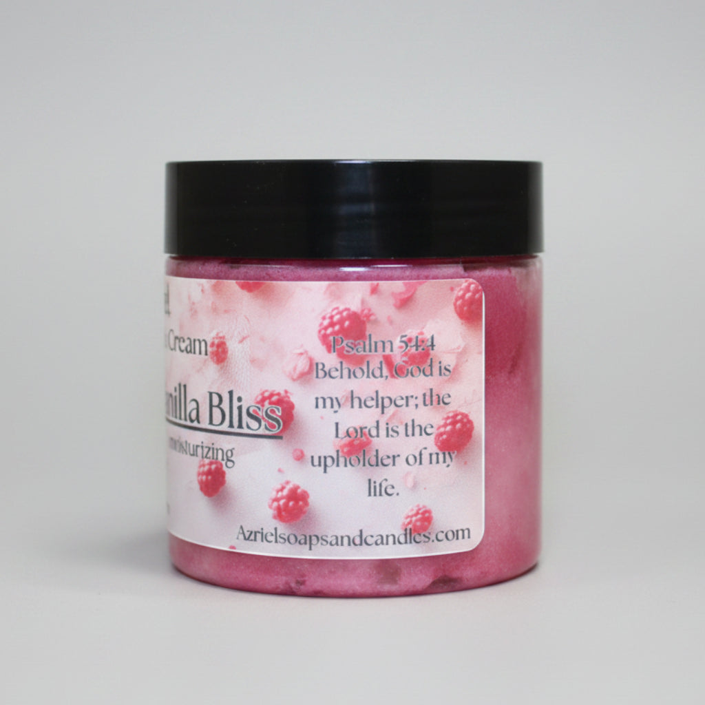 Pink candle jar with black lid on a beige surface