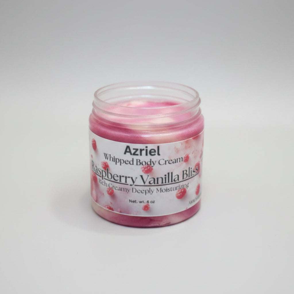 Jar of Azriel Raspberry Vanilla Bliss whipped body cream on a beige background