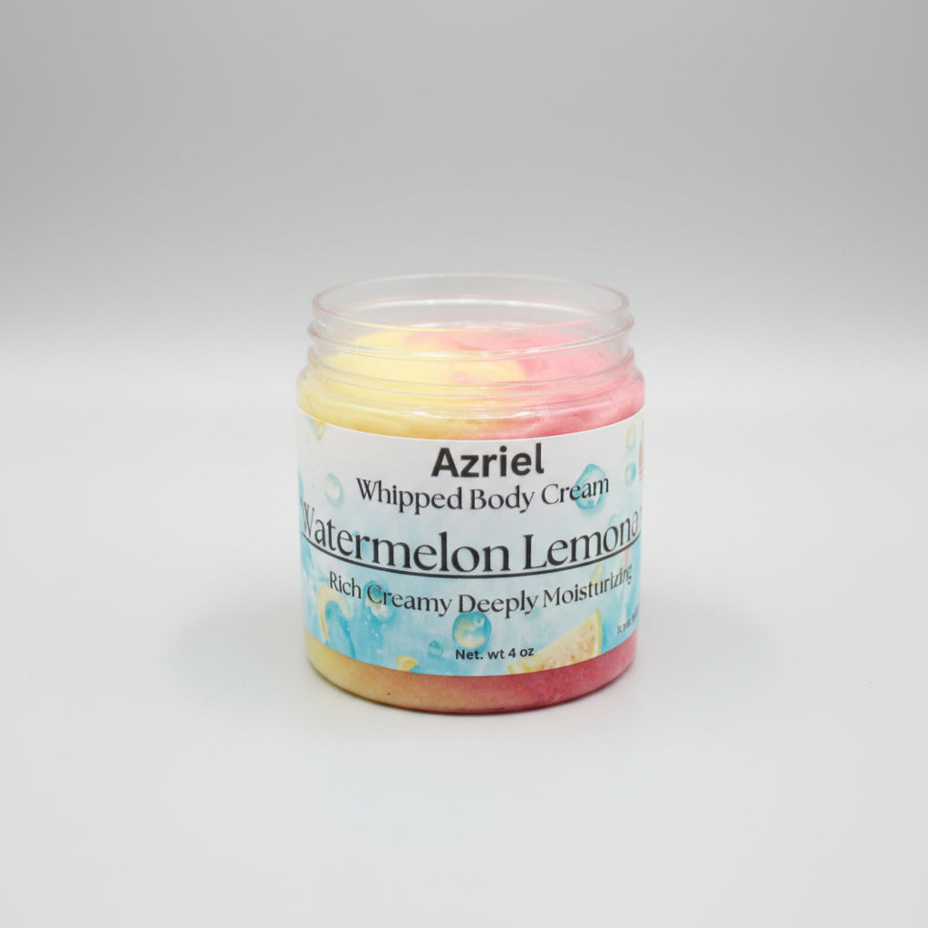 Jar of Azriel Whipped Body Cream with watermelon lemon flavor on a brown background