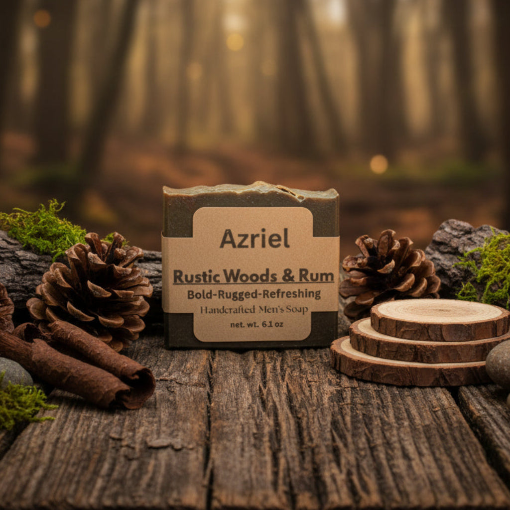 Bar of soap with 'Azriel Rustic Woods & Rum' label on a brown background