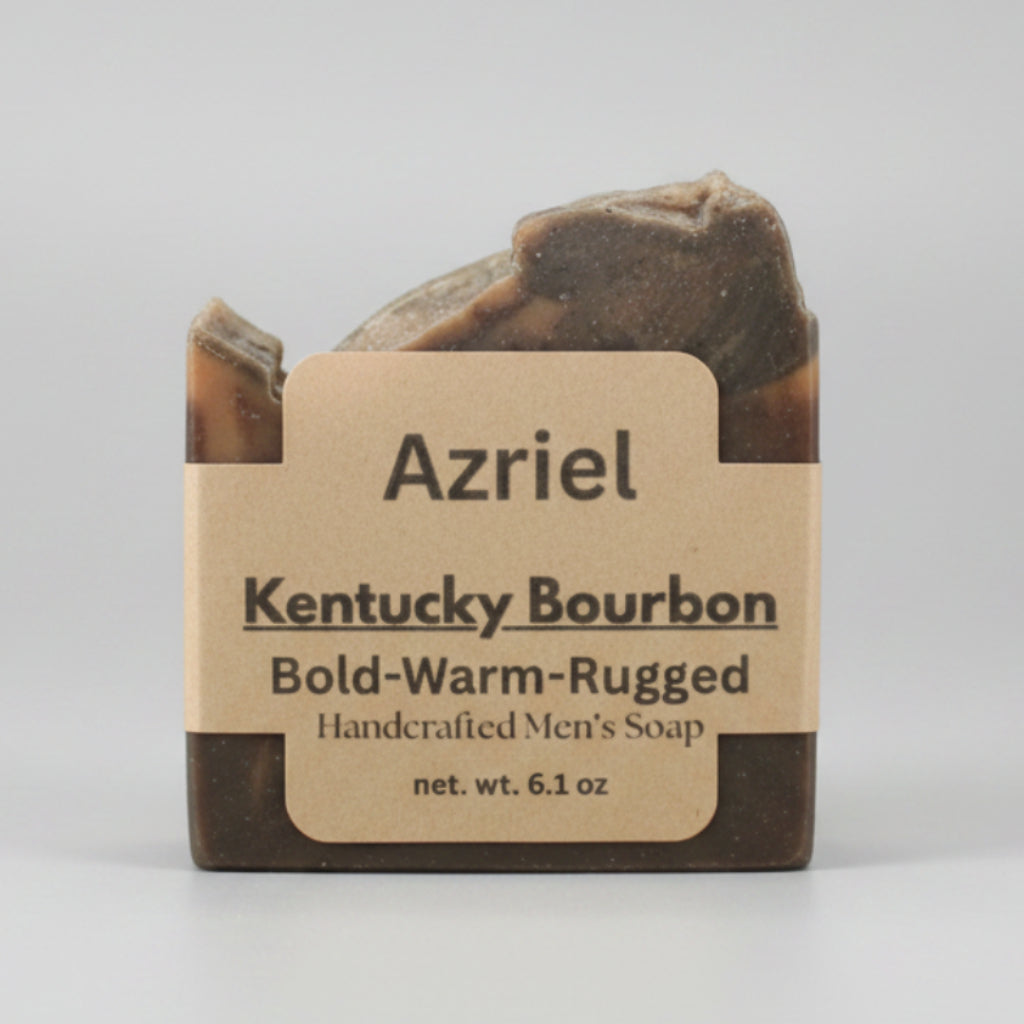Bar of soap with 'Azriel' branding on a cardboard background