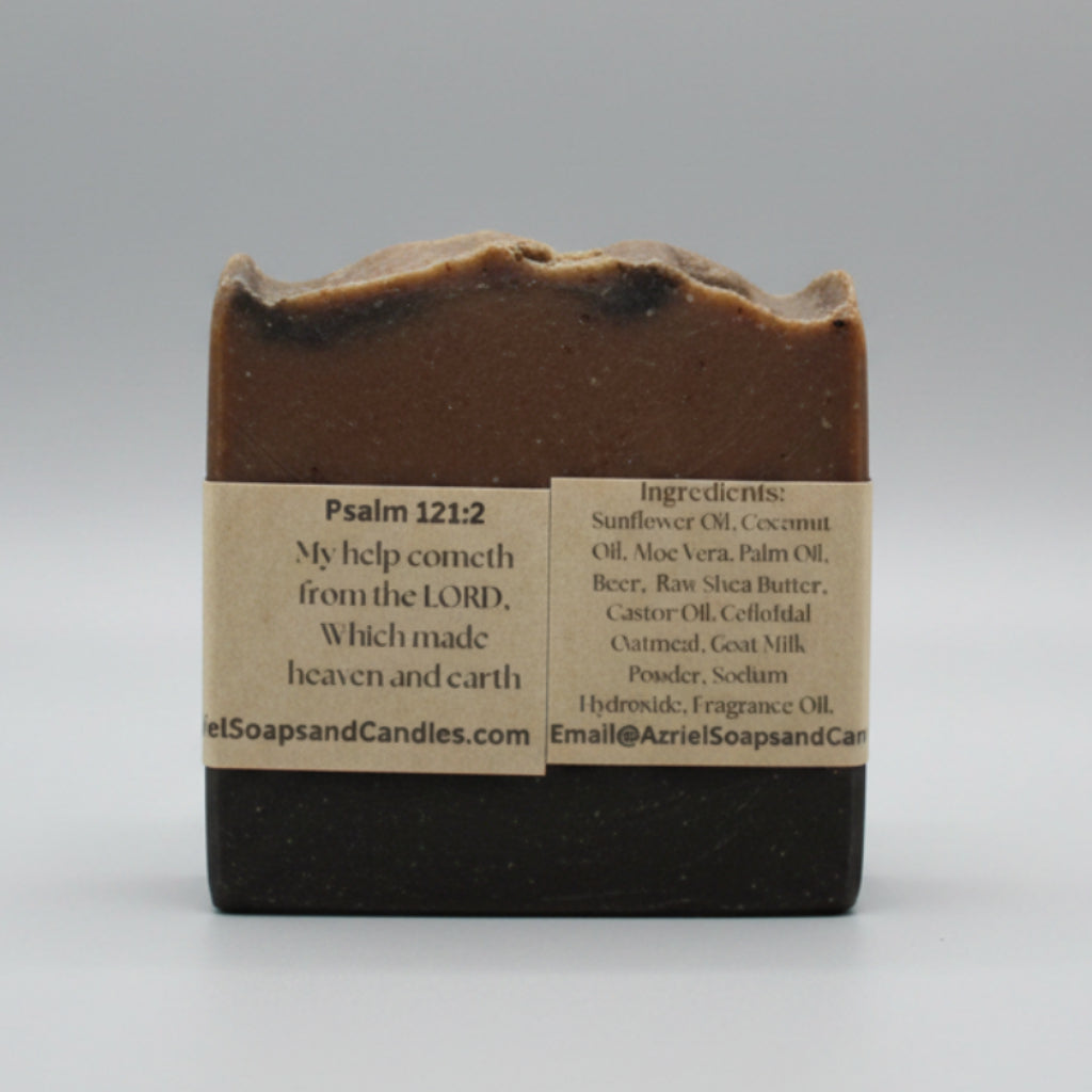 Bar of soap with a label on a cardboard background