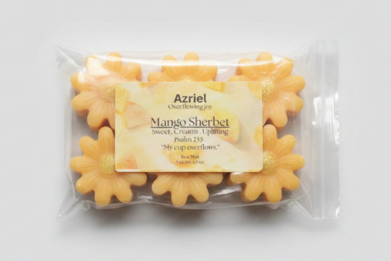 Packaged mango sherbet soap with a label on a cardboard background
