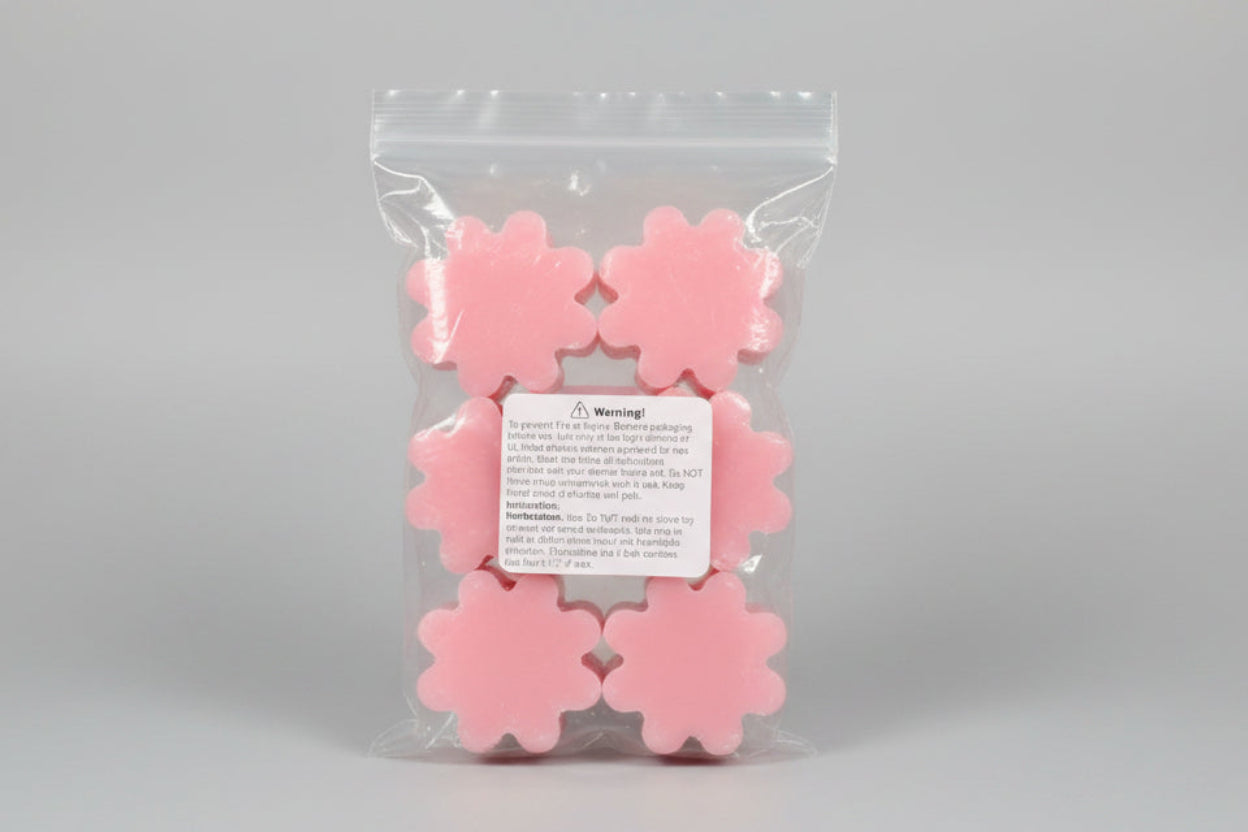 Pink floral wax melts in packaging with a warning label on a brown background