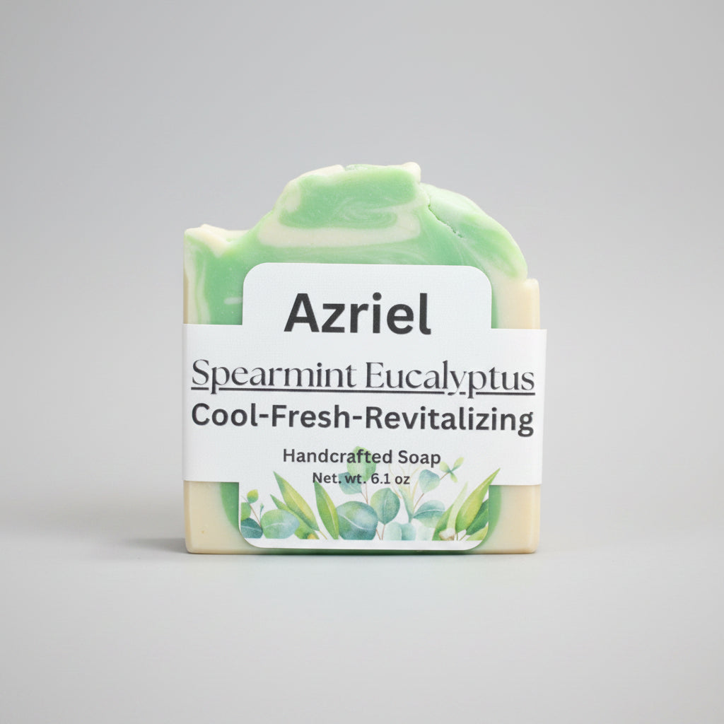 Handcrafted soap bar with 'Azriel' label on a brown background