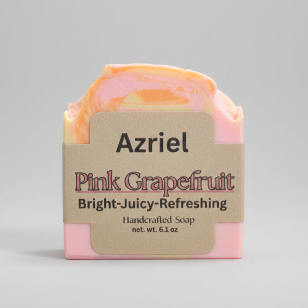 Handcrafted soap bar with 'Azriel' branding and pink grapefruit description on a neutral background