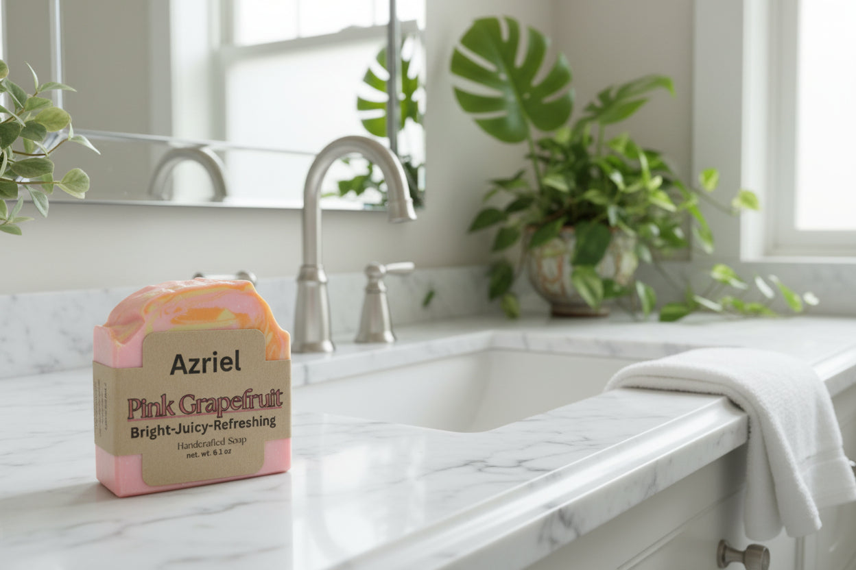 Handcrafted soap bar with 'Azriel' branding and 'Pink Grapefruit' description on a neutral background