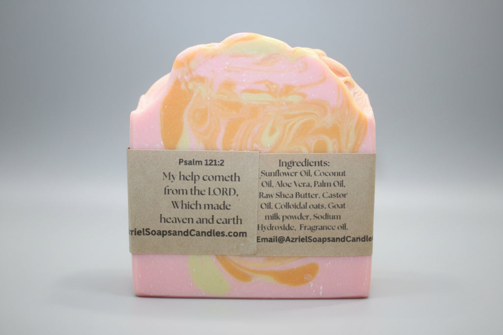 Bar of soap with a decorative label on a neutral background