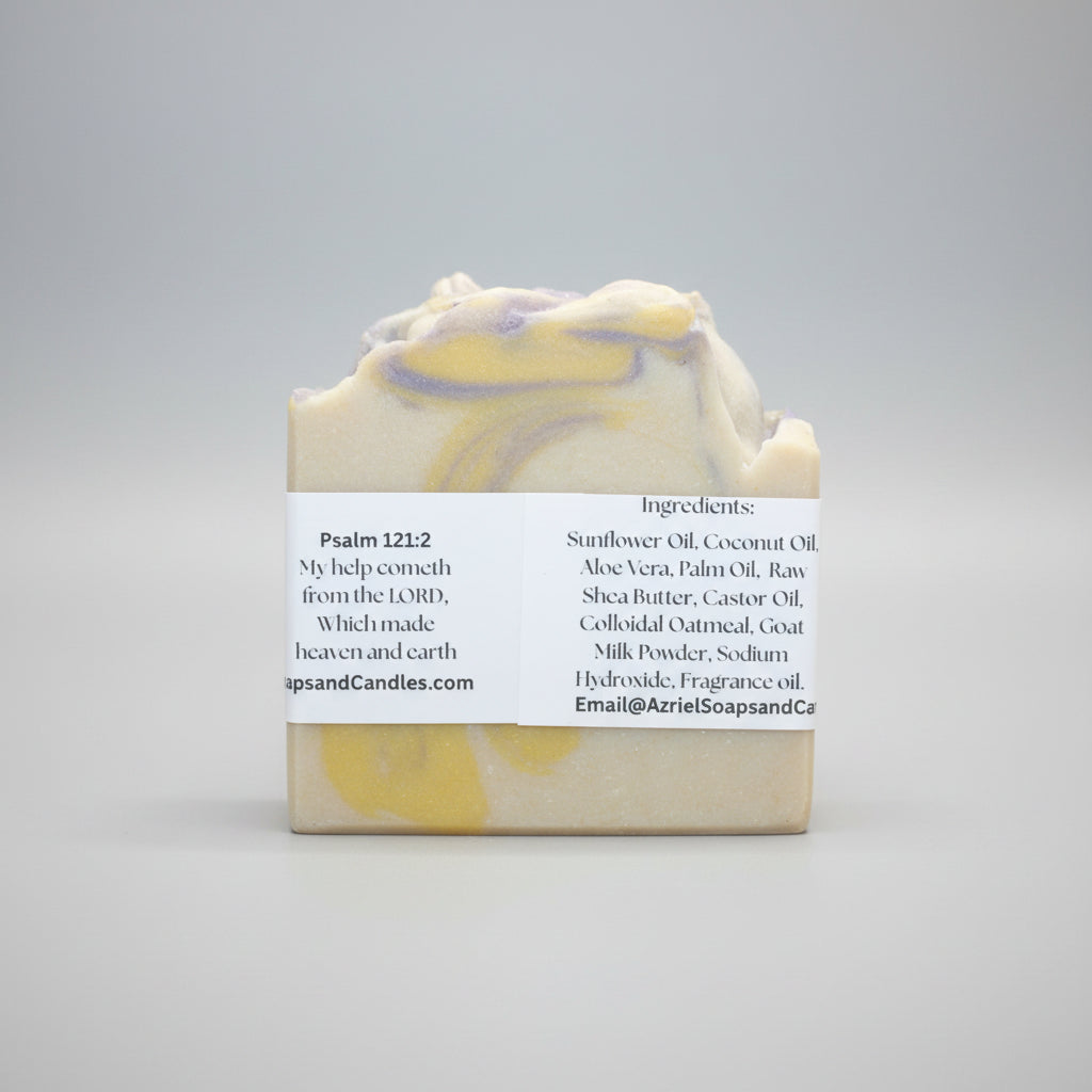 Bar of soap with a label on a brown background