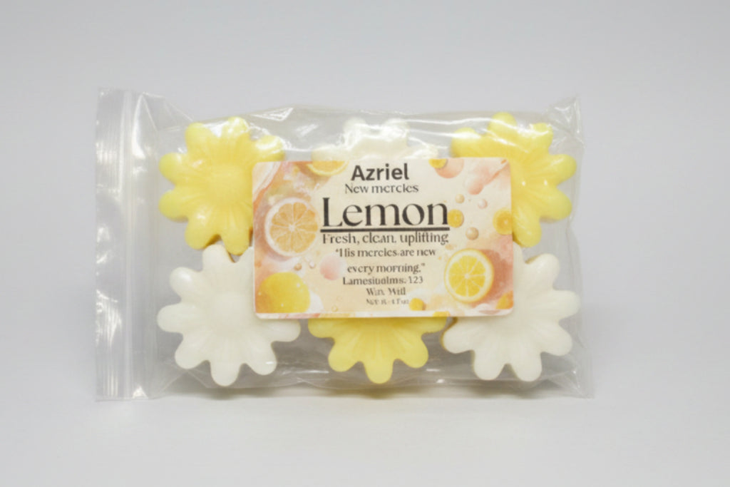Packaged lemon-scented products with a visible label on a brown background