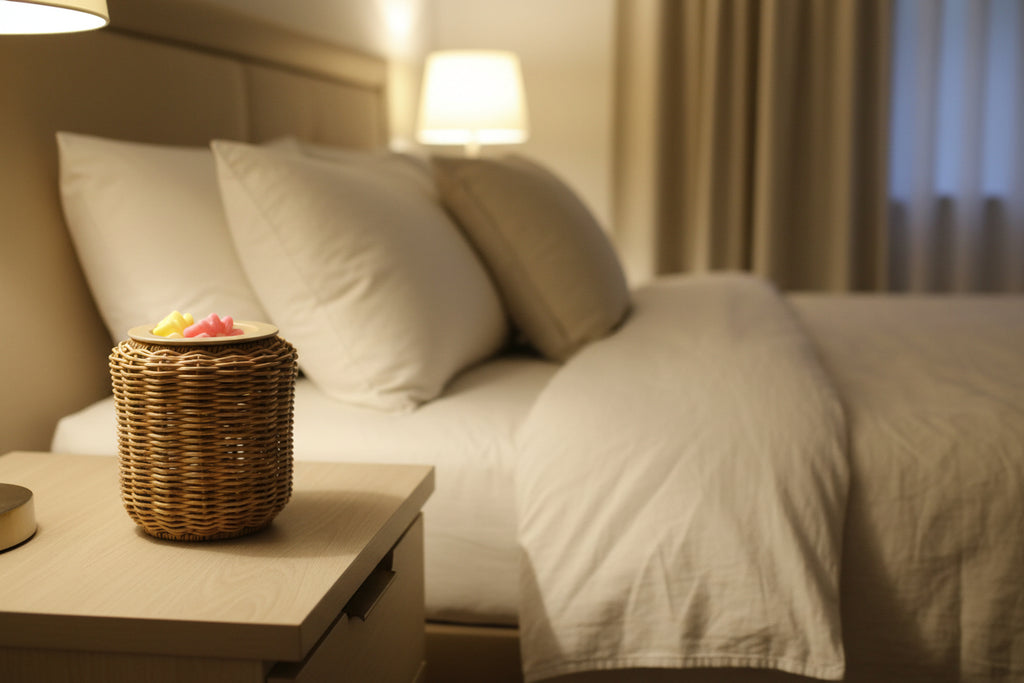Wicker basket with floral-themed candles on a tiled floor