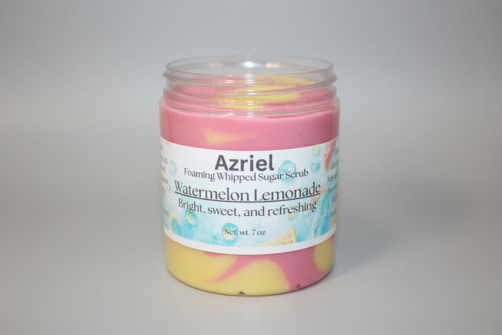 Jar of Azriel Watermelon Lemonade foaming whipped sugar scrub on a cardboard background
