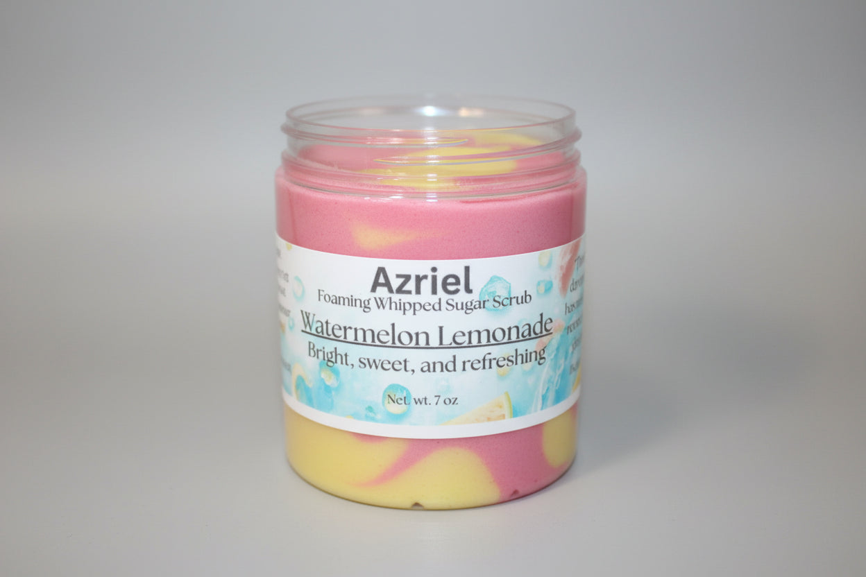 Jar of Azriel Watermelon Lemonade foaming whipped sugar scrub on a cardboard background
