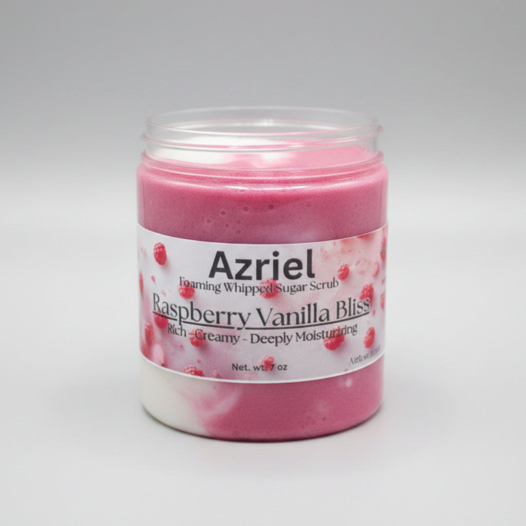 Jar of Azriel Raspberry Vanilla Bliss sugar scrub on a wooden surface