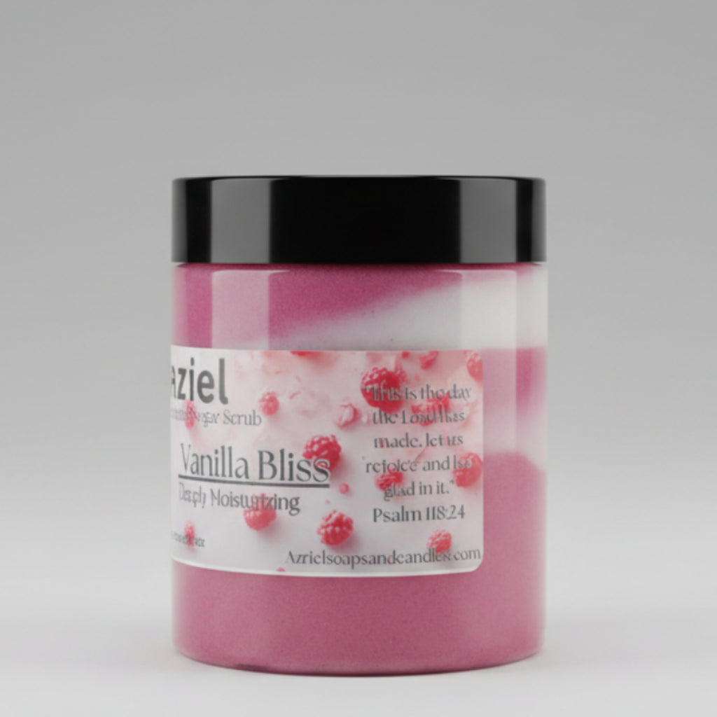 Jar of pink scrub with black lid on a beige background