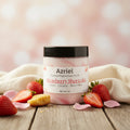 Jar of Azriel Strawberry Shortcake foaming whipped sugar scrub on a beige surface