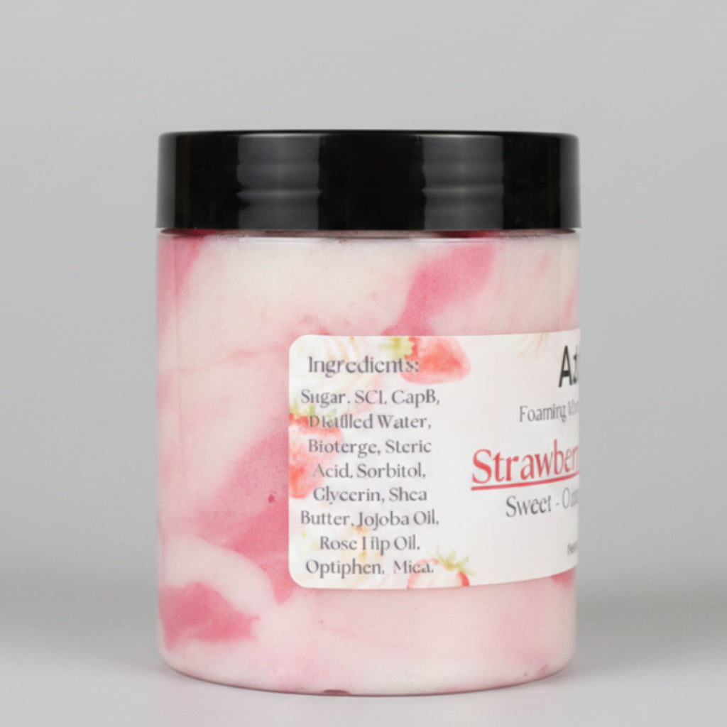 Jar with pink marbled design and white label on a beige background