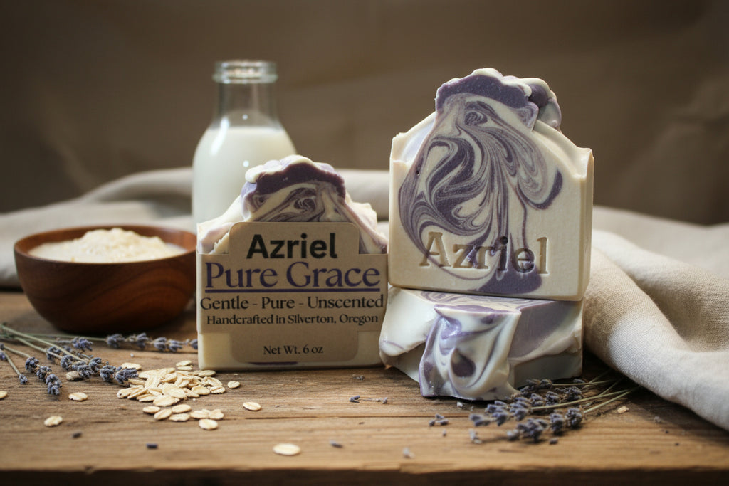 Two bars of Azriel Pure Grace soap with purple and white swirls on a neutral background.