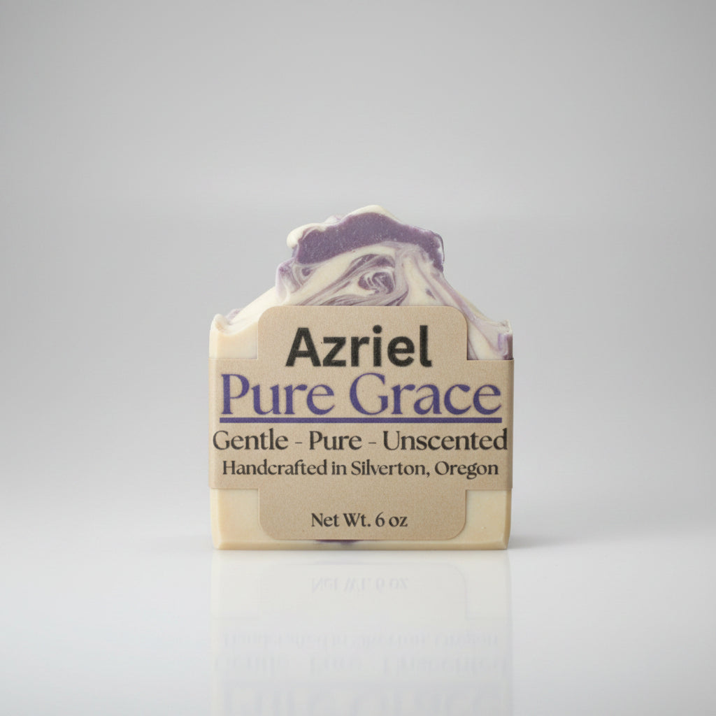 Bar of soap with 'Azriel Pure Grace' packaging on a neutral background
