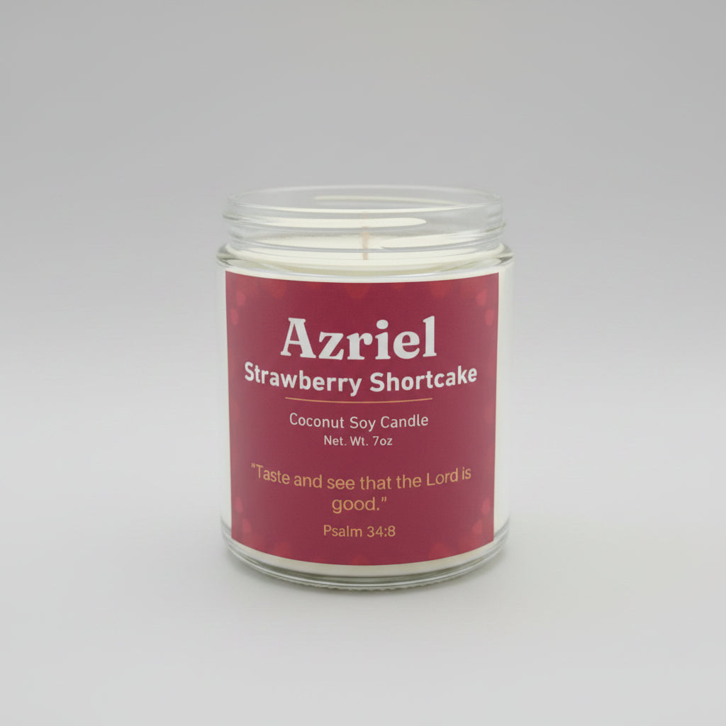 Candle in a glass jar with a red label on a brown background