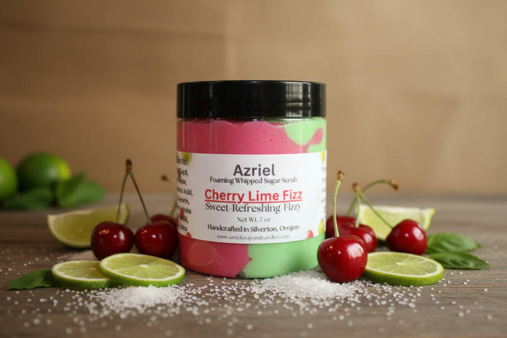 Jar of Azriel Cherry Lime Fizz Foaming Whipped Sugar Scrub on a brown background