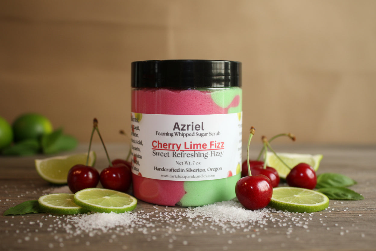 Jar of Azriel Cherry Lime Fizz Foaming Whipped Sugar Scrub on a brown background