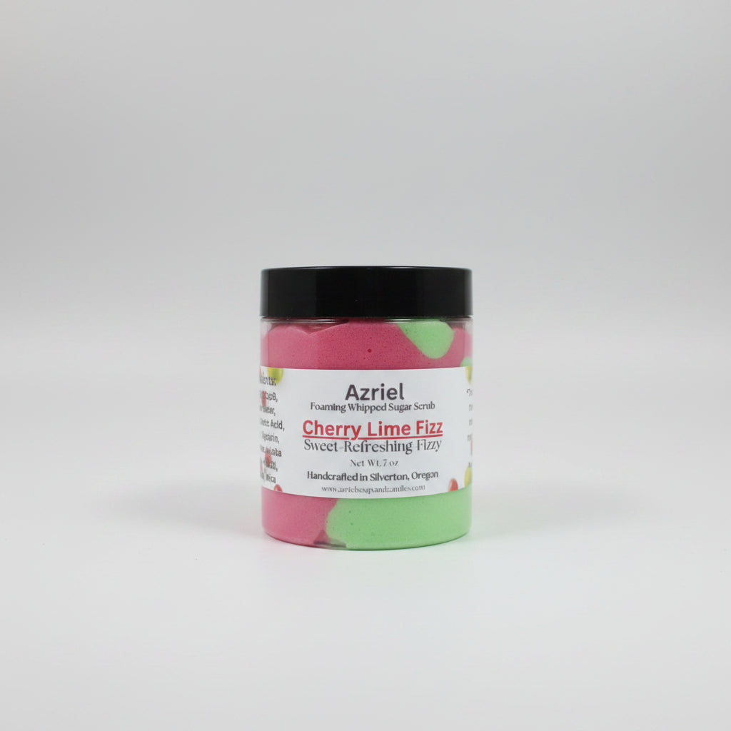 Jar of Azriel Cherry Lime Fizz foam on a brown background