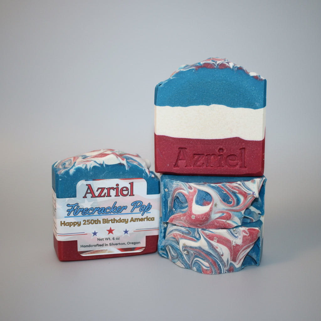 Two soap bars with 'Azriel' branding on a brown background