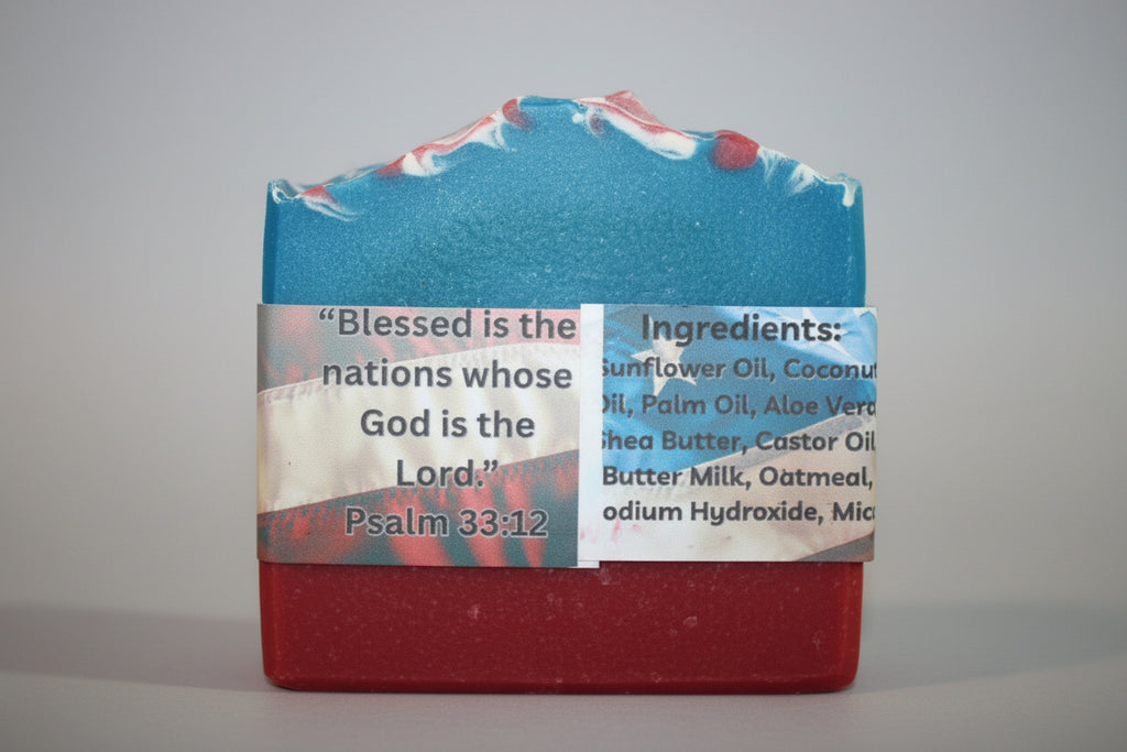 Bar of soap with a colorful label featuring text and ingredients on a brown background