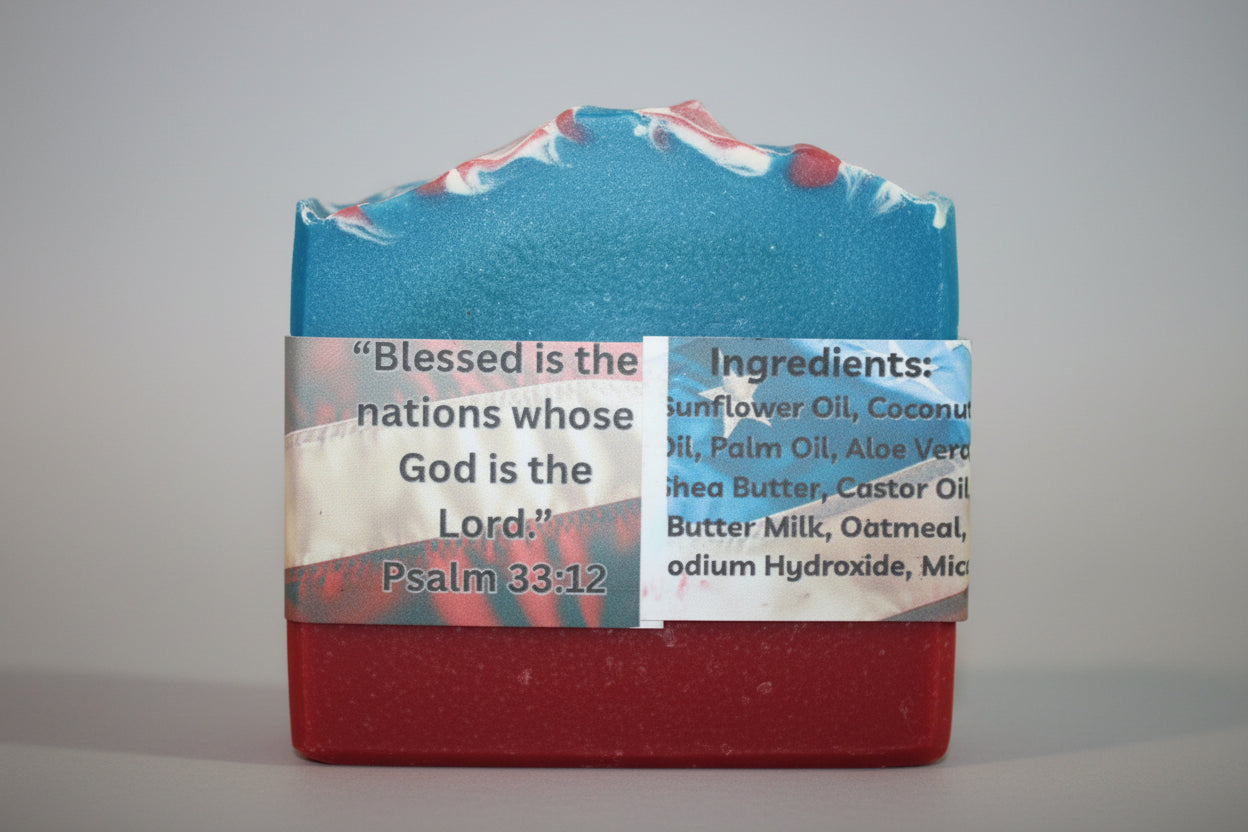 Bar of soap with a colorful label featuring text and ingredients on a brown background
