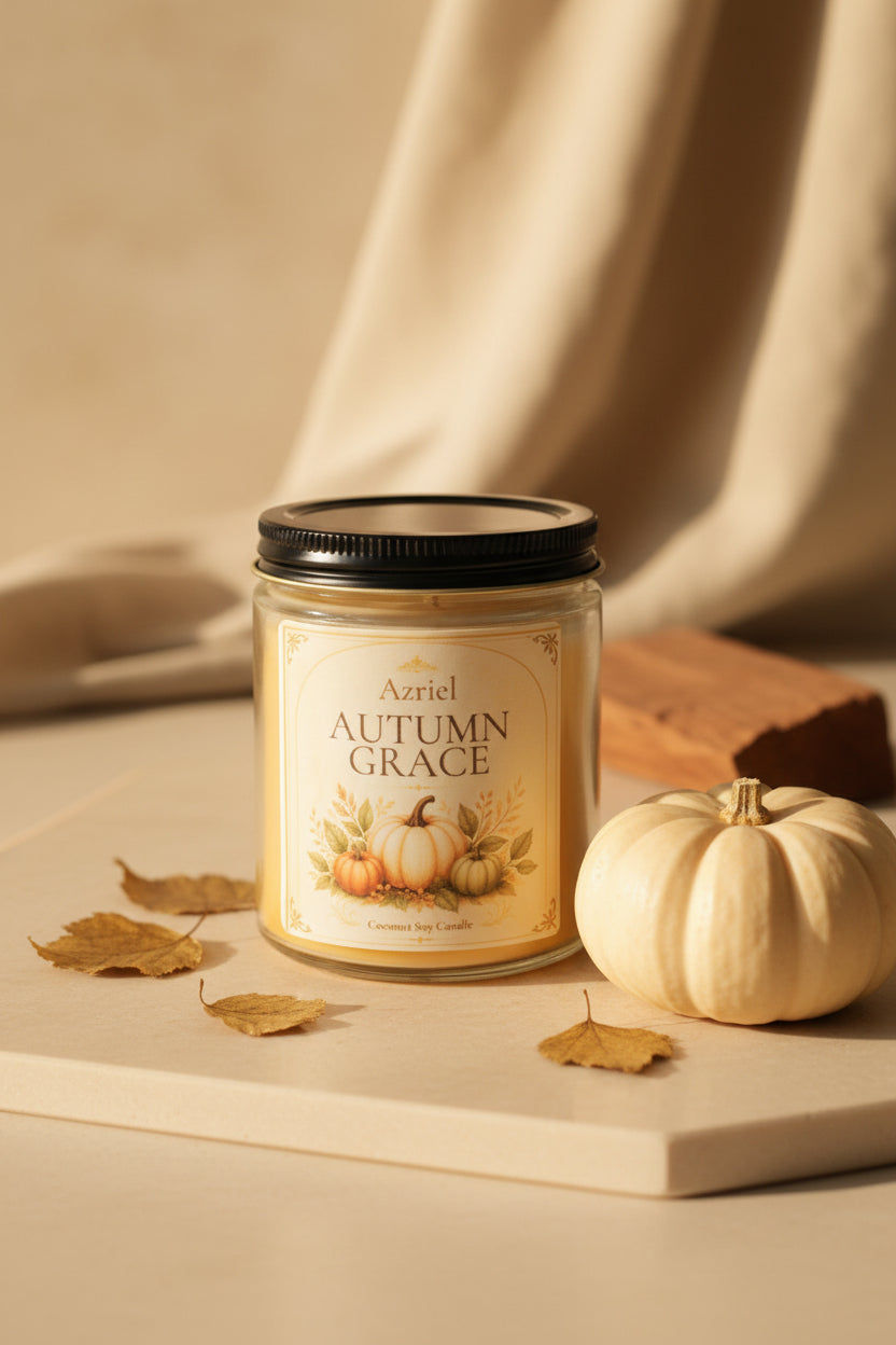 A glass jar candle labeled 'Azriel Autumn Grace' with a black metal lid, set on a wooden surface against a wooden background.