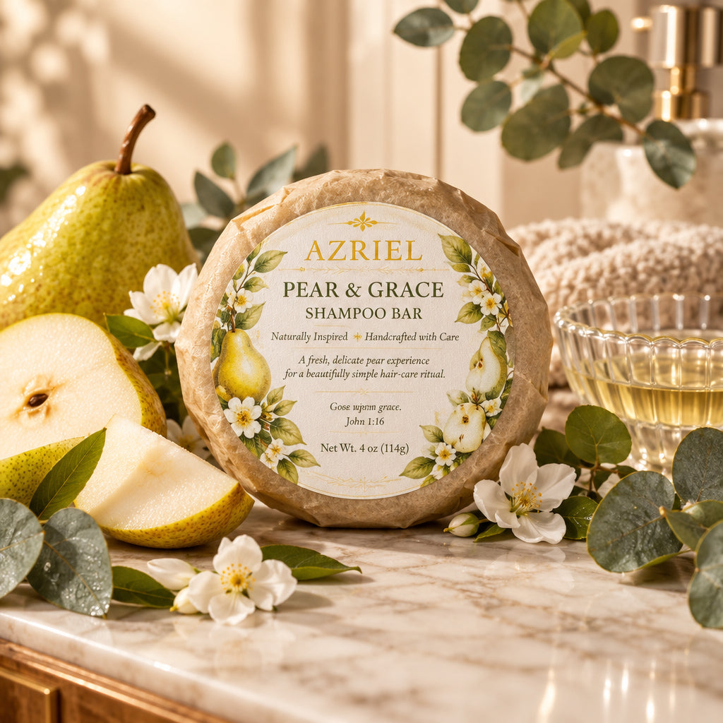 A round soap bar wrapped in brown kraft paper, featuring a white circular label for Azriel Pear & Grace Shampoo Bar with illustrations of pears and leaves.