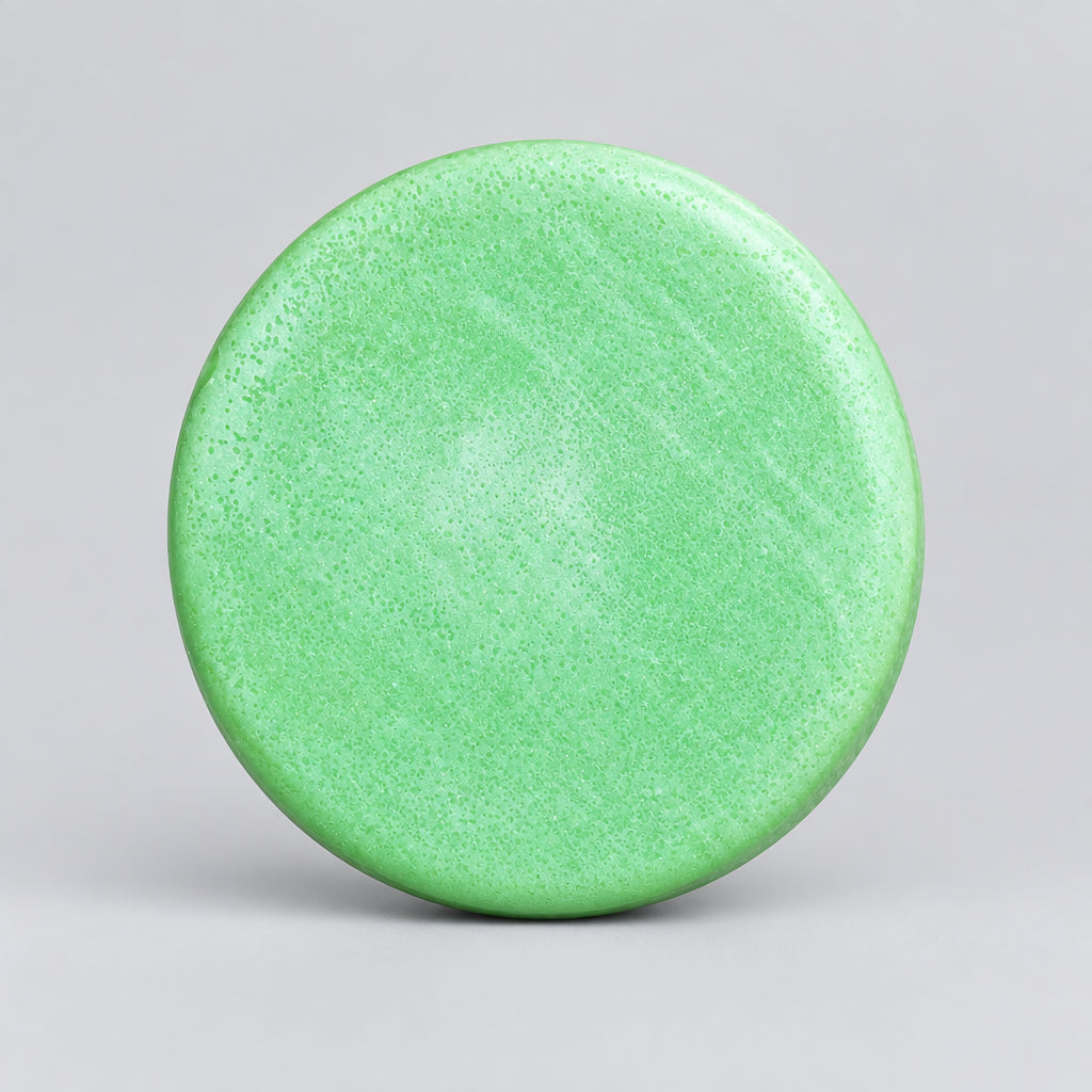 A round, light green soap bar with a textured surface, photographed from directly above on a brown wooden background.