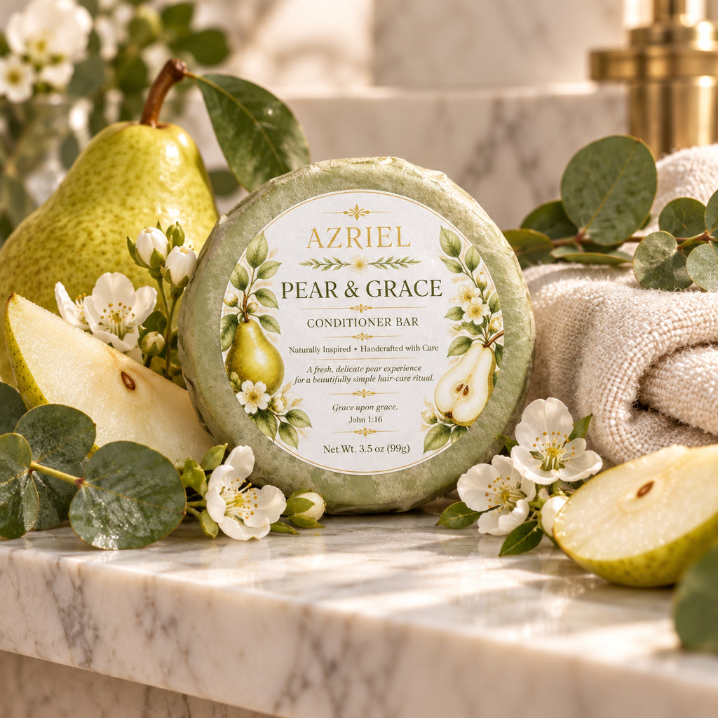 A round Azriel Pear & Grace conditioner bar wrapped in brown paper, featuring a white label with green pear illustrations, set on a wooden surface.
