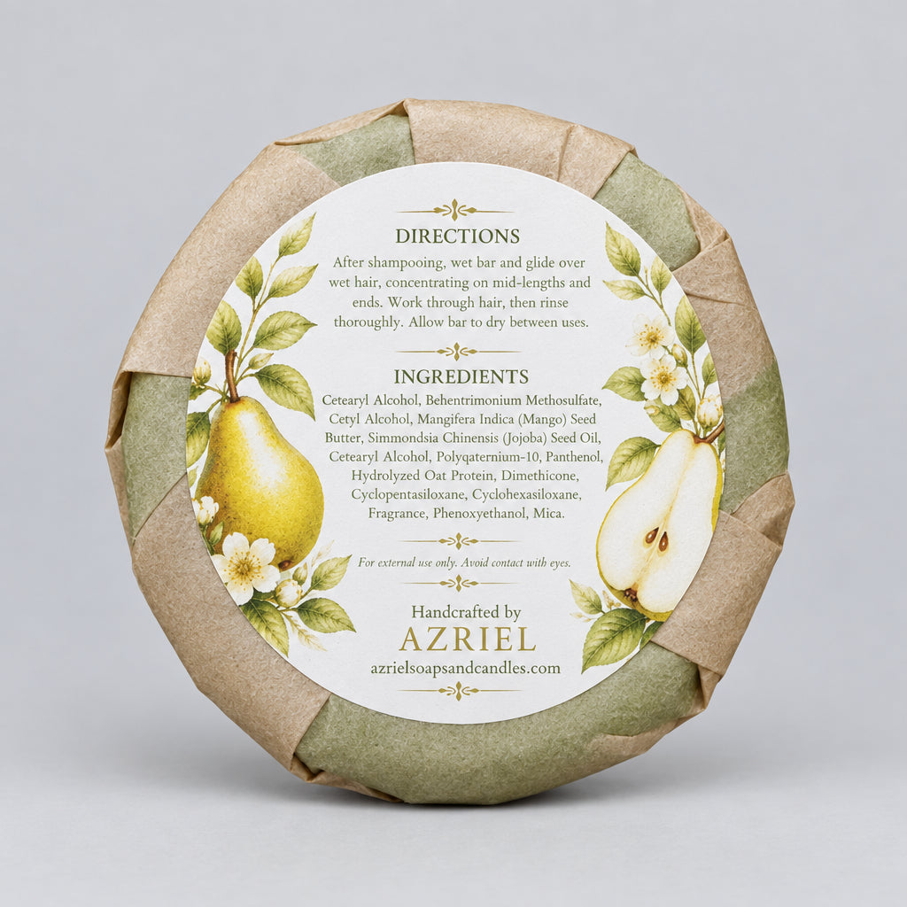 A wrapped candle in brown kraft paper packaging with a large round white label showing botanical illustrations and product text, placed on a wooden surface. The label prominently shows the brand name Azriel.