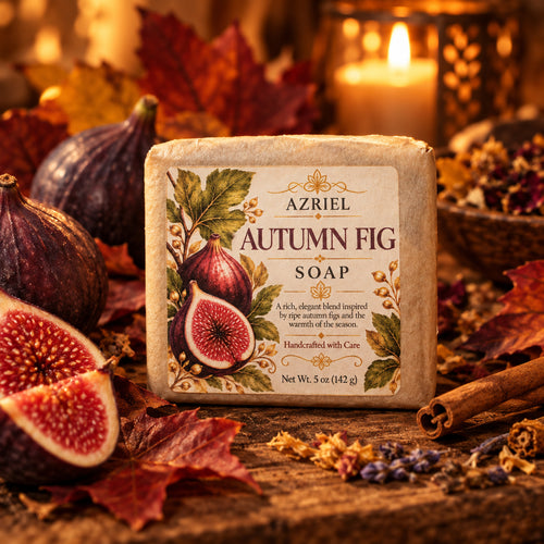 A rectangular bar of Azriel Autumn Fig Soap standing upright on a wooden surface against a dark background. The soap is wrapped in natural kraft paper and features a detailed label with illustrations of figs and leaves.